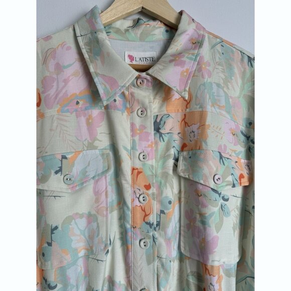 L'Atiste Floral Utility Jogger Jumpsuit Sz 2X Roll Tab Sleeve Cottagecore Casual - Picture 7 of 13